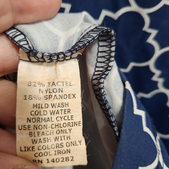 VTG Katherine Way Blue Quatrefoil Print Knee Length Sleeveless Dress Sz L Tactel - Picture 5 of 5